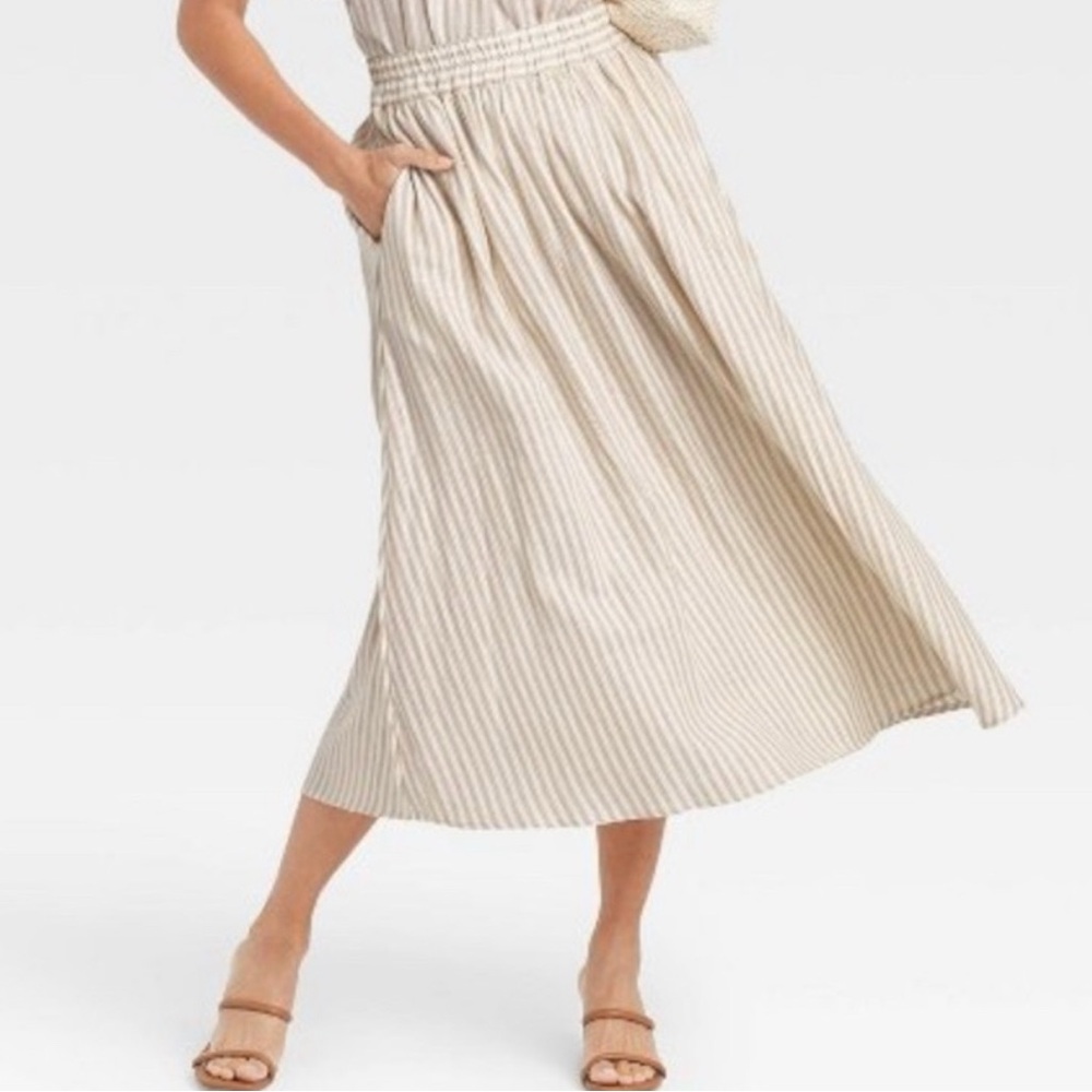 A New Day Beige Striped Midi Skirt